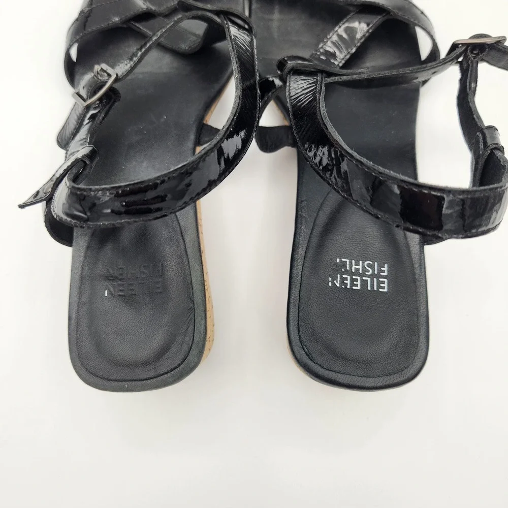 Eileen Fisher Women's Sz 9.5 Black Patent Leather Cork Low Wedge Strappy Sandals